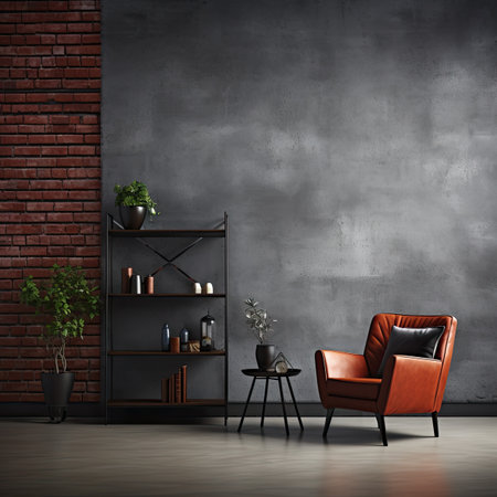 Interior of modern living room with armchair and bookshelfの素材