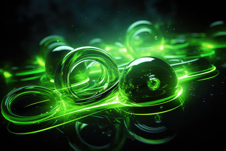 abstract background with green light effects and glass ringsの素材