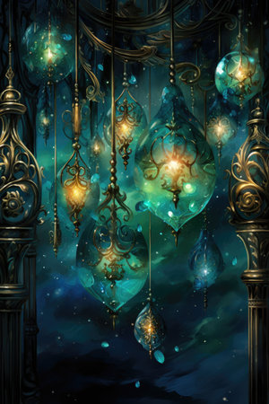 a fantasy interior with a ceiling lamp and a mirrorの素材