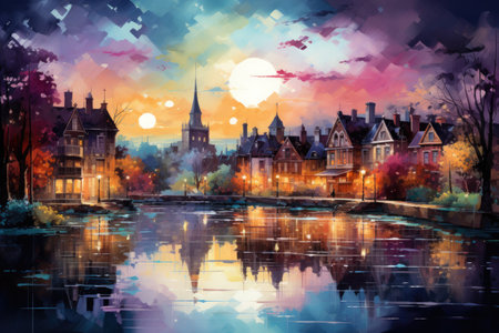 Watercolor City at nightの素材