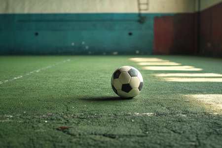 Soccer ball on the green grass of the indoor soccer field.の素材