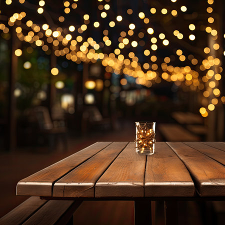 Empty wooden table and blurred background of bar with bokeh lightsの素材