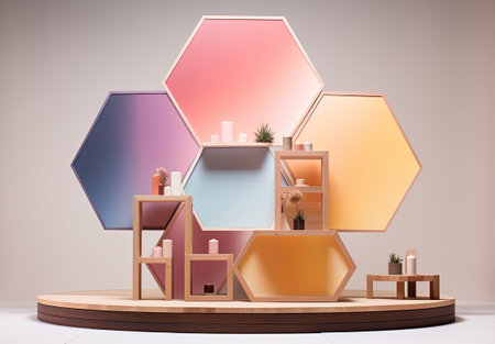 Empty product display stand with hexagons in modern interior.の素材