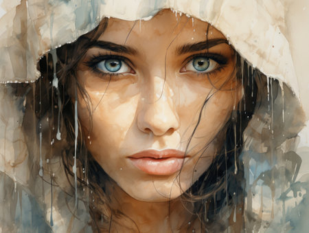 Close-up portrait of a beautiful young woman in the rain.の素材