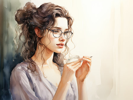 portrait of a beautiful young woman applying make-up with brushの素材