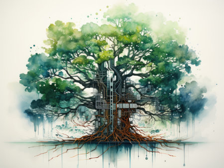 Abstract tree with roots on watercolor background.の素材