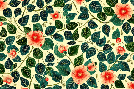 pattern with hibiscus flowers and leaves.の素材