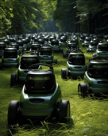 Electric lawnmowers on a grassy field in the forest.の素材