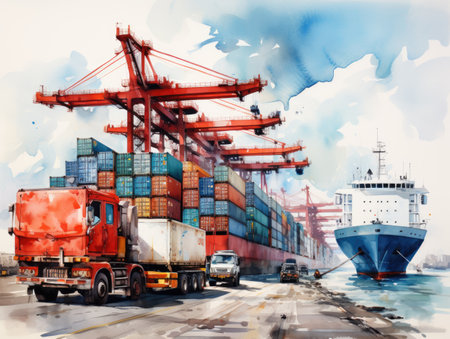 Container Cargo freight ship with working crane bridge on watercolor painting background.の素材