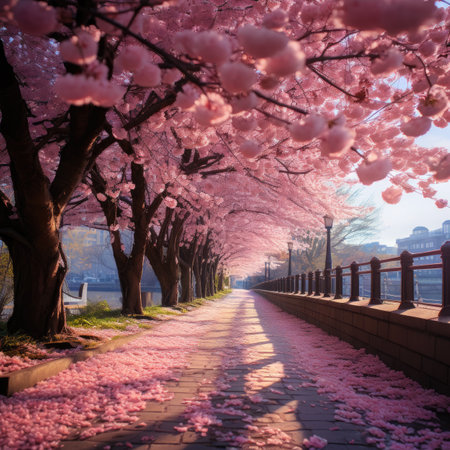 Cherry blossoms in full bloom along a walkway in a parkの素材