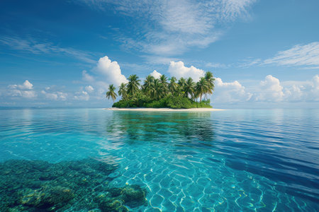 Whole tropical island within atoll in tropical ocean on a sunny dayの素材
