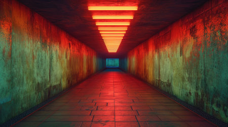 Futuristic corridor with glowing neon lights.の素材