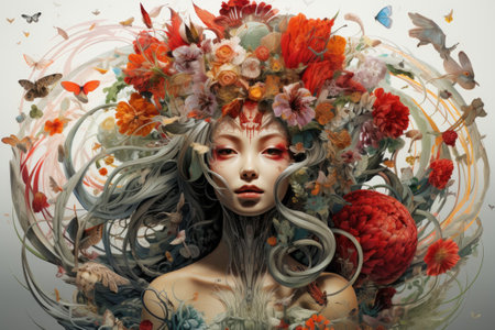 Beautiful young woman with fantasy make-up and floral wreath on her headの素材