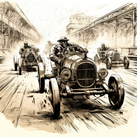 Vintage Retro Car on the road, drawing in black and whiteの素材