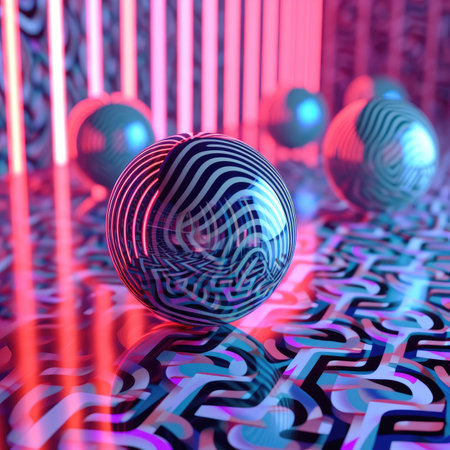 abstract geometric composition with shiny spheres in neon lightの素材