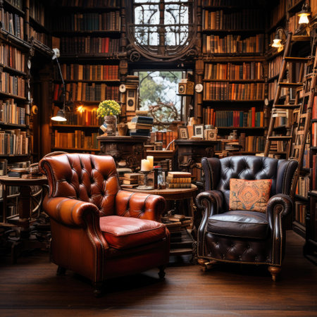 Luxury interior of old library with bookshelves and armchairsの素材