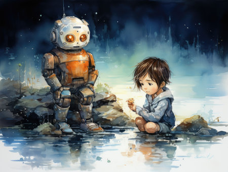 Cute little boy and girl playing with a robot in the waterの素材