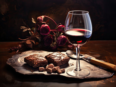 Glass of red wine, chocolate cake and rose flowers on wooden tableの素材