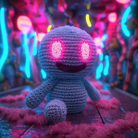 Handmade knitted crochet doll on the background of bright neon lightsの素材