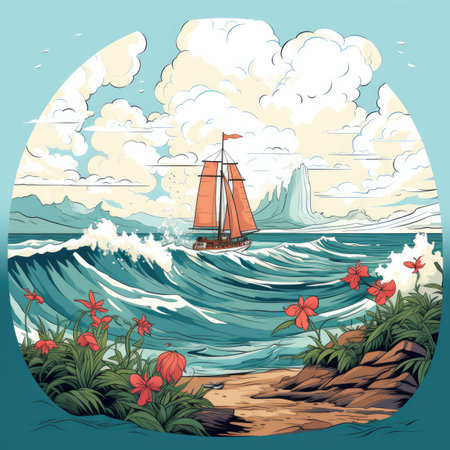 Sea waves with a sailboat on the background of the island.の素材