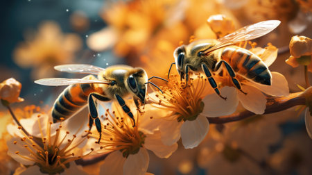 Honey bee collecting nectar from blooming tree, closeupの素材