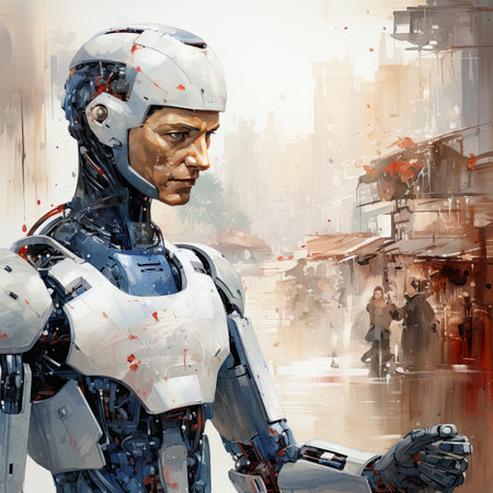 a female cyborg in a futuristic city.の素材