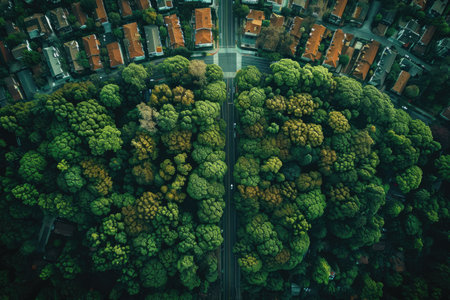 Aerial view of green trees in the park. Drone photography.の素材