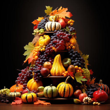 Autumn still life with pumpkins, apples, grapes and leavesの素材