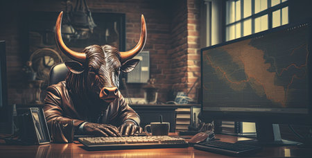 Cow trader sitting at his desk in front of computer monitor with stock market chartsの素材