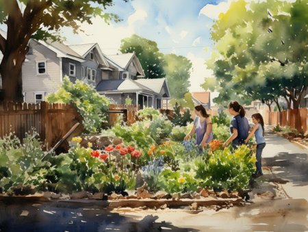 Watercolor young couple gardening in their backyard.の素材
