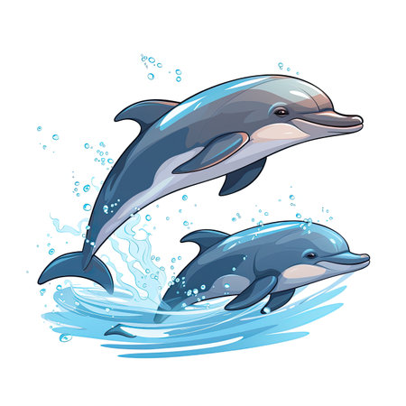 Two dolphins jumping in the water on white background.の素材