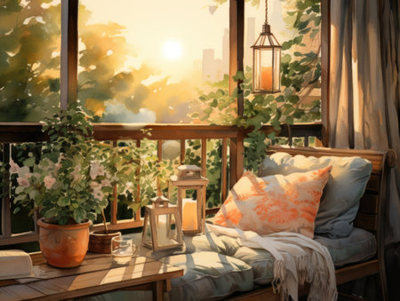 Wooden balcony with a view on the city and flowers in potsの素材