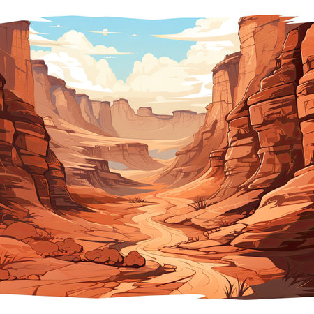 Cartoon desert landscape with sandstone cliffs and river.の素材
