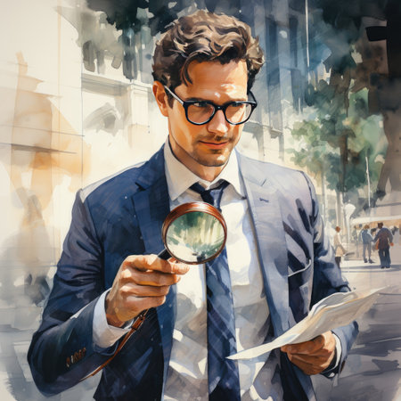 Portrait of a businessman looking through a magnifying glass on the streetの素材