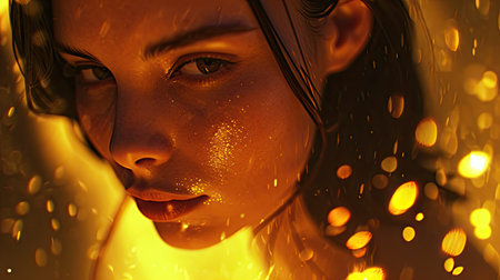 Close-up portrait of a beautiful young woman in golden light.の素材