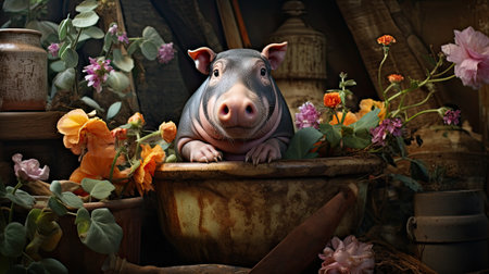 Cute pig in a pot with flowers. Vintage still life.の素材