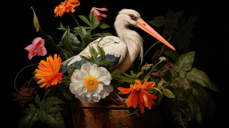 Stork in a pot with flowers isolated on black background.の素材
