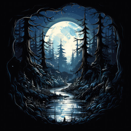 Fantasy landscape with dark forest, river and moon.の素材
