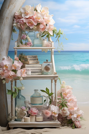 Wedding decoration on the beach with sea and blue sky backgroundの素材