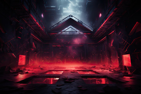 Futuristic dark corridor with glowing lightsの素材