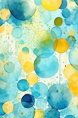 Abstract watercolor background with blue, yellow and green circles.の素材