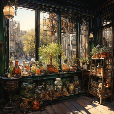 Antique shop window with decorative objects.の素材