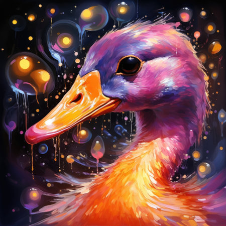 Colorful watercolor illustration of a duck on a dark background.の素材