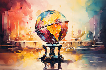 Globe on abstract colorful watercolor background.の素材