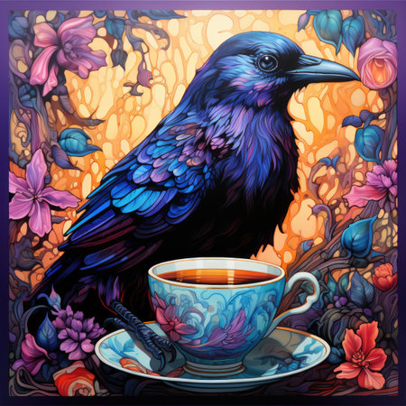 Cup of tea with a raven and flowers.の素材