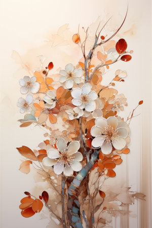 Beautiful tree with flowers and leaves on a beige background.の素材