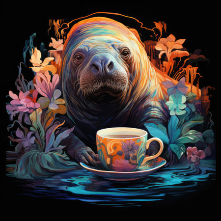 Monkey with a cup of tea on a background of flowers.の素材