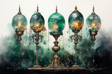 Watercolor Vintage wall lamp with burning candles.の素材
