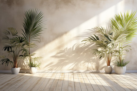 interior room with plants on wooden floor and white wallの素材