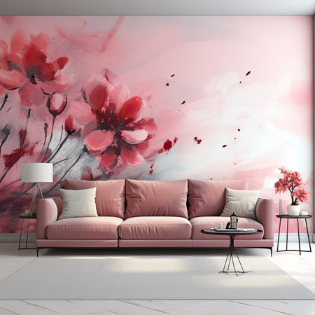 interior with pink sofa, vase with flowersの素材